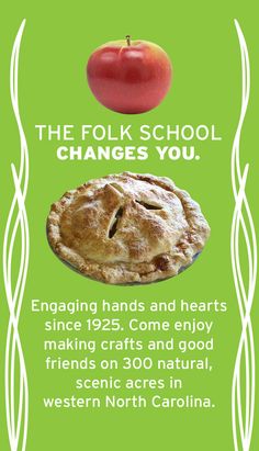 an apple pie with the words, the folk school changes you