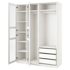 an open white closet with drawers and shelves