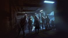 a group of zombies walking through a dark hallway