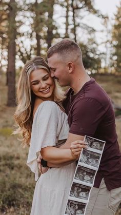 a man and woman hugging each other in front of trees with an old photo frame