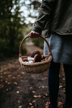 a person holding a basket full of mushrooms on a path in the woods with trees behind them