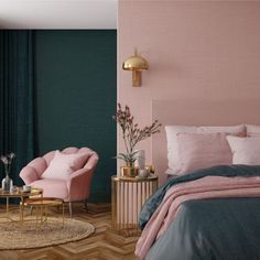 a bed room with a neatly made bed and two pink chairs next to a table