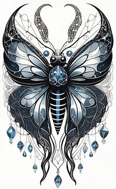 a black and white drawing of a butterfly with jewels on it's back wings