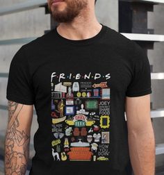 a man wearing a black shirt with the words friends on it