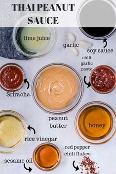 the ingredients for thai peanut sauce in small bowls on a white surface with text overlay