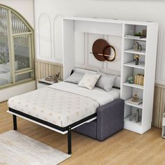 a bed with a built in bookcase next to a window