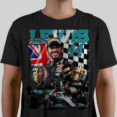 If you're a Formula One fanatic, you won't want to miss out on this Lewis Hamilton Mercedes Formula One Racing Vintage 90s Bootleg Unisex T-Shirt. Featuring an iconic design of a classic bootleg F1 tee, this t-shirt will make a great addition to your wardrobe. It's perfect for any occasion, whether you're attending a race, watching one on TV, or just showing off your love of Formula One. This t-shirt is made from high-quality Gildan 5000 blanks and is printed with Direct To Garment printing for a long-lasting, vibrant look. The unisex design means it's suitable for both men and women, so everyone can join in the F1 fun! This Lewis Hamilton t-shirt is the perfect gift for any Formula One fan in your life, so don't wait - grab yours today! FAST DISPATCH Custom Design Orders Available On Requ Black Graphic Print Tops For Motorsport Events, Lewis Hamilton Tshirt Ideas, Casual T-shirt With Letter Print For Motorsport Events, Casual Short Sleeve T-shirt For Motorsport Events, F1 Shirt, F1 Tshirt Designs, Racing Style Graphic T-shirt For Sports Events, Racing Style Graphic Print T-shirt For Sports Events, Formula 1 T-shirt Design