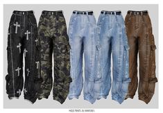 four different styles of jeans with crosses on the front and back, all in various colors