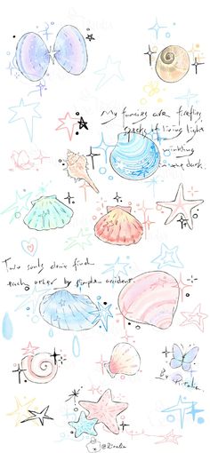 an image of some drawings on paper with words written in different languages and colors, including stars