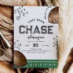 this is an image of a football themed birthday party card with the word chase on it