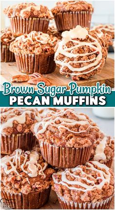 brown sugar pumpkin pecan muffins with icing on top