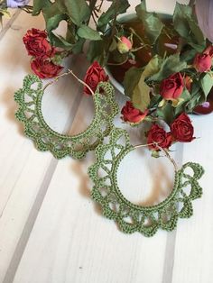 Crochet earrings craft earrings hoop openwork earrings | Etsy Handmade Small Green Hoop Earrings, Earring Crochet, Craft Earrings, Earrings Crochet, Scandinavian Christmas Decorations, Diy Crown, Crochet Earrings Pattern, Earring Hoop, Snowman Crafts