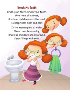 three girls brushing their teeth in front of a bathroom sink with the words brush my teeth