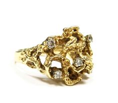 Solid Gold Vintage 14K Ring with Diamond Stones, Brutalist Nugget Diamond Ring,  9.8 grams Gold Charm Bracelet, Unisex Gift, Jewelry Unique, Fine Jewelry Designers, Diamond Cluster Ring, Diamond Cluster, Exquisite Jewelry, Gold Charm, Cluster Ring