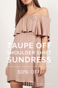 Save money on this taupe off shoulder shift sundress. Catch the TOBI dresses online sale happening now! Get ready for sundress season by exploring the best sundresses for women in all styles and colors. Shop the best selection of cute cheap sundresses and inexpensive sundresses from TOBI. #shoptobi #tobisales #tobidressessale #sundress #shiftdress Sun Dress Casual, Sundresses Women, Shift Mini Dress, Long Sundress