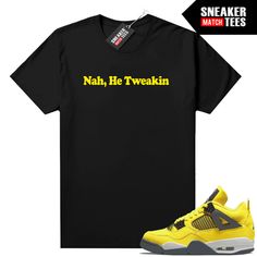 "Lightning 4s Jordan matching shirt by Sneaker Match Tees brand. Official Sneaker Match Tees shirt designed to match the Jordan 4 \"Lightning\" retro sneakers. *Sneakers are for matching purposes only, NOT included in the sale* True to size Men's shirt 100% Soft Cotton Regular Fit" Sporty Tan Top For Streetwear, Throwback Cotton T-shirt For Streetwear, Pre-shrunk Comfortable Fit Tops For Streetwear, Comfortable Fit Pre-shrunk Tops For Streetwear, Comfortable Pre-shrunk Tops For Streetwear, Sporty T-shirt For Streetwear, Sporty Comfort Fit T-shirt For Streetwear, Comfortable Sporty T-shirt For Streetwear, Casual Tan T-shirt For Streetwear