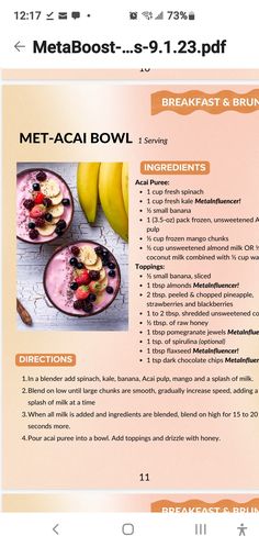 the menu for a meal with bananas and other foods on it, including milkshake