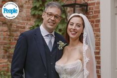 a bride and groom posing for a photo in front of a brick building with the caption peple photography