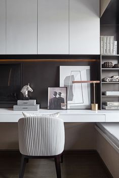 a white chair sitting in front of a desk