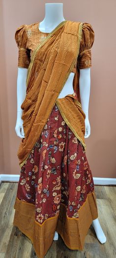 Eloquent Kalamkari Printed Banaras Half Saree set in Brown Blouse size : 32 Inches Lehenga length: 39 inches Half Saree Set, Brown Blouse, Half Saree, Lehenga, Kimono Top, Maxi Skirt, Saree, Women's Top, Quick Saves