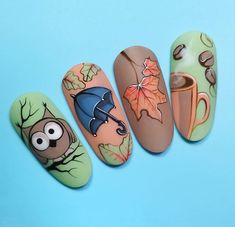 Round Nails Fall, Owl Nail Designs, Easter Nails 2023, Leather Jacket Design, Owl Nail Art, Autumn Nail Art, Owl Nails, Easter Nail Art Designs