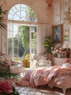 a bedroom with pink bedding and flowers in the window sill, along with large windows