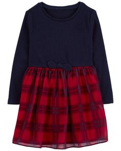 Complete with a plaid skirt, stretchy ribbed top and a gathered waist, this little dress perfect for fall and winter. Pair with tights and boots for an on-trend fit. Long Sleeve Plaid Dress, Toddler Christmas Dress, Clothes For Kids, Tights And Boots, Dresses Kids Girl, Ribbed Top, Long Sleeve Plaid, Plaid Skirt, Toddler Girl Dresses