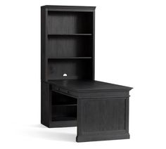 an office desk with a bookcase on the top and bottom shelf in dark wood