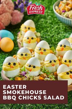 an image of easter eggs in the shape of chickens with text overlay that reads, easter smokehouse bbq chicks salad