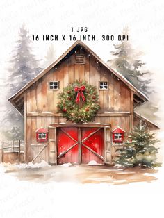 a watercolor painting of a barn with a wreath on it