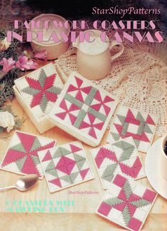 a book with some crocheted coasters and a coffee cup on the table