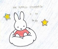 a drawing of a rabbit sitting on top of a pillow with stars in the background