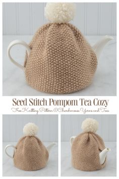 a knitted tea cosy with pom - pom on top