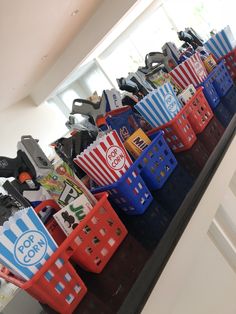 many baskets are lined up on the counter