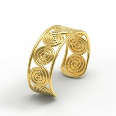 This stunning cuff bracelet is fit for the gods! Here, a timeless "figure-eight" spiral repeats across the wrist, within a strong, clean border. The design is based on a series of gold ornaments found within a 16th century BC burial in Grave Circle A, at Mycenae. The grave, which belonged to a woman, was filled with gold jewelry and accoutrements. In ancient Greek mythology, Eupraxia was the personification of well-being. Her name was derived from the ancient Greek word for "good conduct" (Εὐπρα Elegant Metal Spiral Cuff Bracelet, Elegant Spiral Metal Cuff Bracelet, Elegant Spiral Cuff Bracelet As Gift, Elegant Spiral Cuff Bracelet Gift, Elegant Gold Spiral Cuff Bracelet, Elegant Spiral Metal Bracelet, Elegant Spiral Metal Bangle, Elegant Spiral Adjustable Bangle, Ancient Greek Words