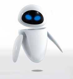 a white robot with blue eyes is in the air