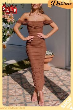 Like Venus Ruched Mesh Overlay Off Shoulder Maxi Dress Non-stretch Ruched Midi Dress, Non-stretch Midi-length Ruched Dresses, Brown Stretch Ruched Dress, Casual Fitted Draped Midi Dress, Brown Ruched Midi Dress For Date Night, Summer Ruched Draped Midi Dress, Brown Ruched Midi Dress For Spring, Casual Brown Ruched Midi Dress, Draped Ruched Midi Dress For Brunch