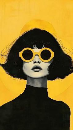 a painting of a woman with yellow glasses on her face and black hair, in front of a yellow background