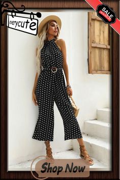 Black Polka Dot Sleeveless Belted Wide Leg Jumpsuit Chic Polka Dot Jumpsuits And Rompers For Summer, Sleeveless Polka Dot Jumpsuits And Rompers, Color Pick, Blue Polka Dots, Black Polka Dot, Wide Leg Jumpsuit, Jumpsuit Romper, Polka Dot, Polka Dots