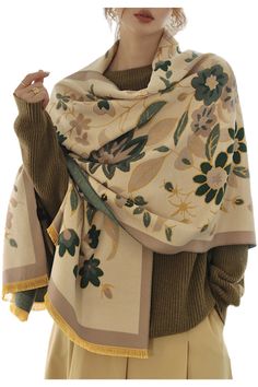 Floral print, scarf, nice weight, perfect for spring, autumn and winter. Two colors available, orange/taupe, green/gold floral prints. Size: 80" x 26" inch Fabric: Acrylic Machine Wash Cold Floral Print Shawl Scarf, Floral Print Shawl Scarf One Size, One Size Floral Print Shawl Scarf, Cream Floral Print Scarves For Spring, One Size Spring Scarves In Beige, One Size Beige Scarves For Spring, Beige Floral Print Scarves For Spring, Beige Floral Print Scarf For Spring, Oversized Scarf