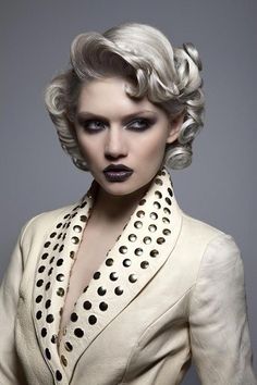 platinum Blonde hair#hair color#tint hair#hair color#hair color salons#best hai Retro Updo, Silver White Hair, Hair Tint, Pin Up Hair, Pin Curls, Dark Makeup, Platinum Blonde Hair, Poses References, Retro Hairstyles