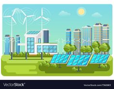 solar panels and windmills in the city with green trees, grass and blue sky