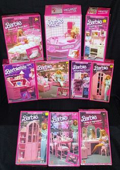 barbie doll furniture and accessories in pink boxes