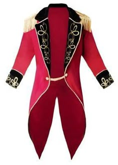 a red and black suit with gold accents