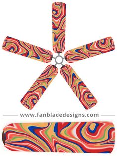 a colorful ceiling fan with four blades attached to it's center blade and two other blades