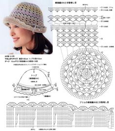 a woman wearing a hat with crochet on it and the pattern is written in japanese