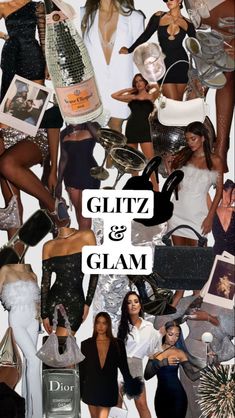 a collage of women in black and white outfits with the words glitz & glam above them