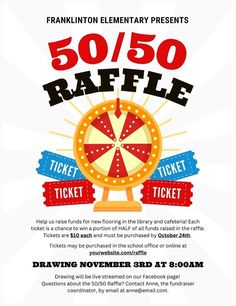 a flyer for the 50th raffle event with an image of a wheel of fortune