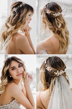 four different pictures of a woman wearing a veil and hair comb with flowers in her hair