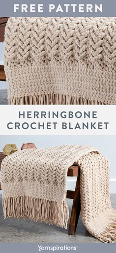 the crochet blanket is shown with text that reads free pattern herringbone crochet blanket